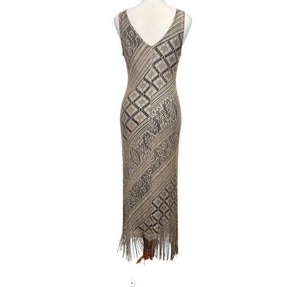 BEAUTIFUL Vintage Harlow 10 Knit Crochet Fringed Lace Stretchy Tank Maxi Dress - Picture 2 of 11